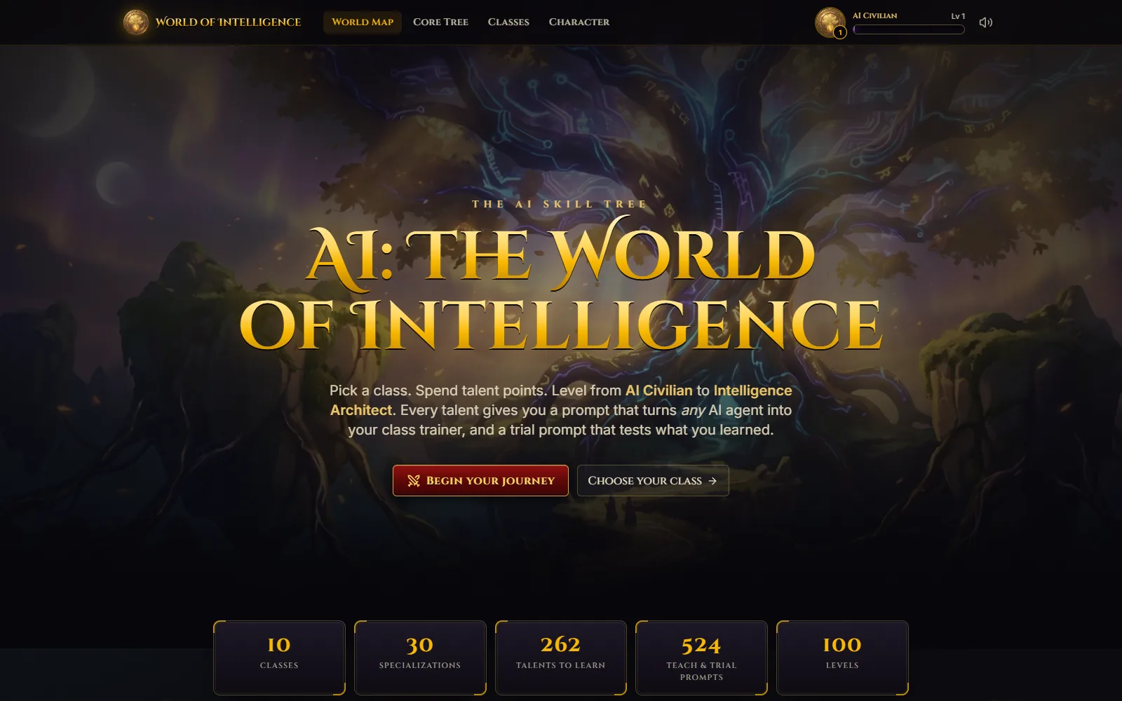 AI: The World of Intelligence home page with the glowing world-tree key art