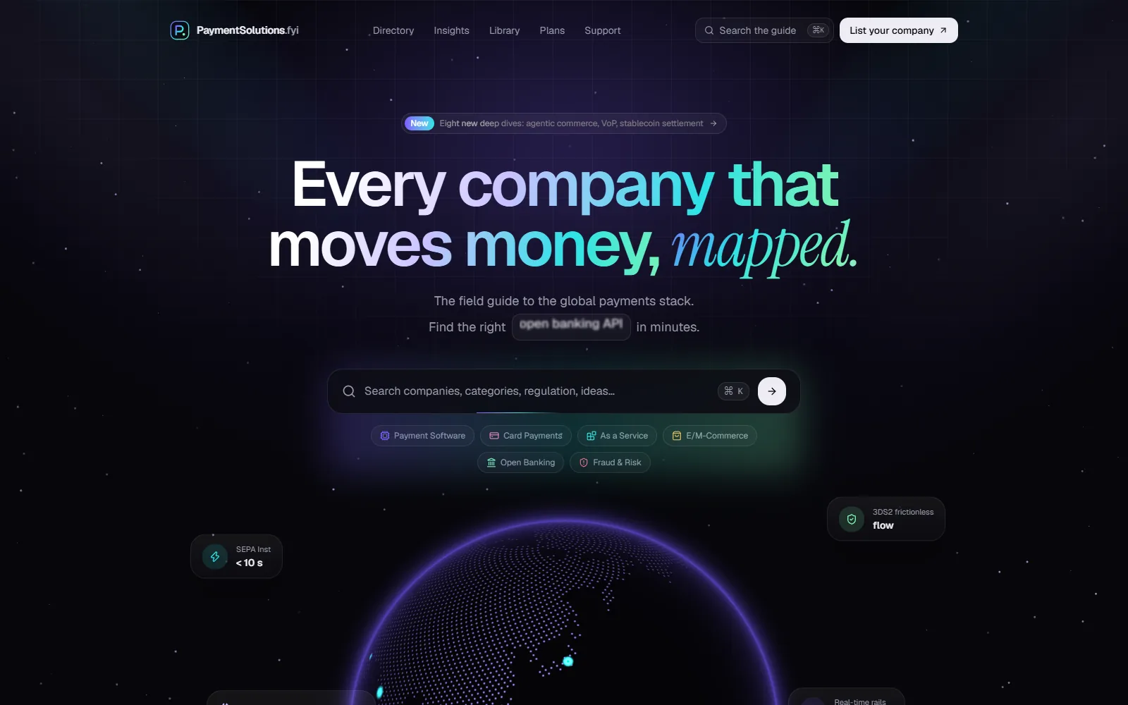 PaymentSolutions.fyi home with the interactive globe and search