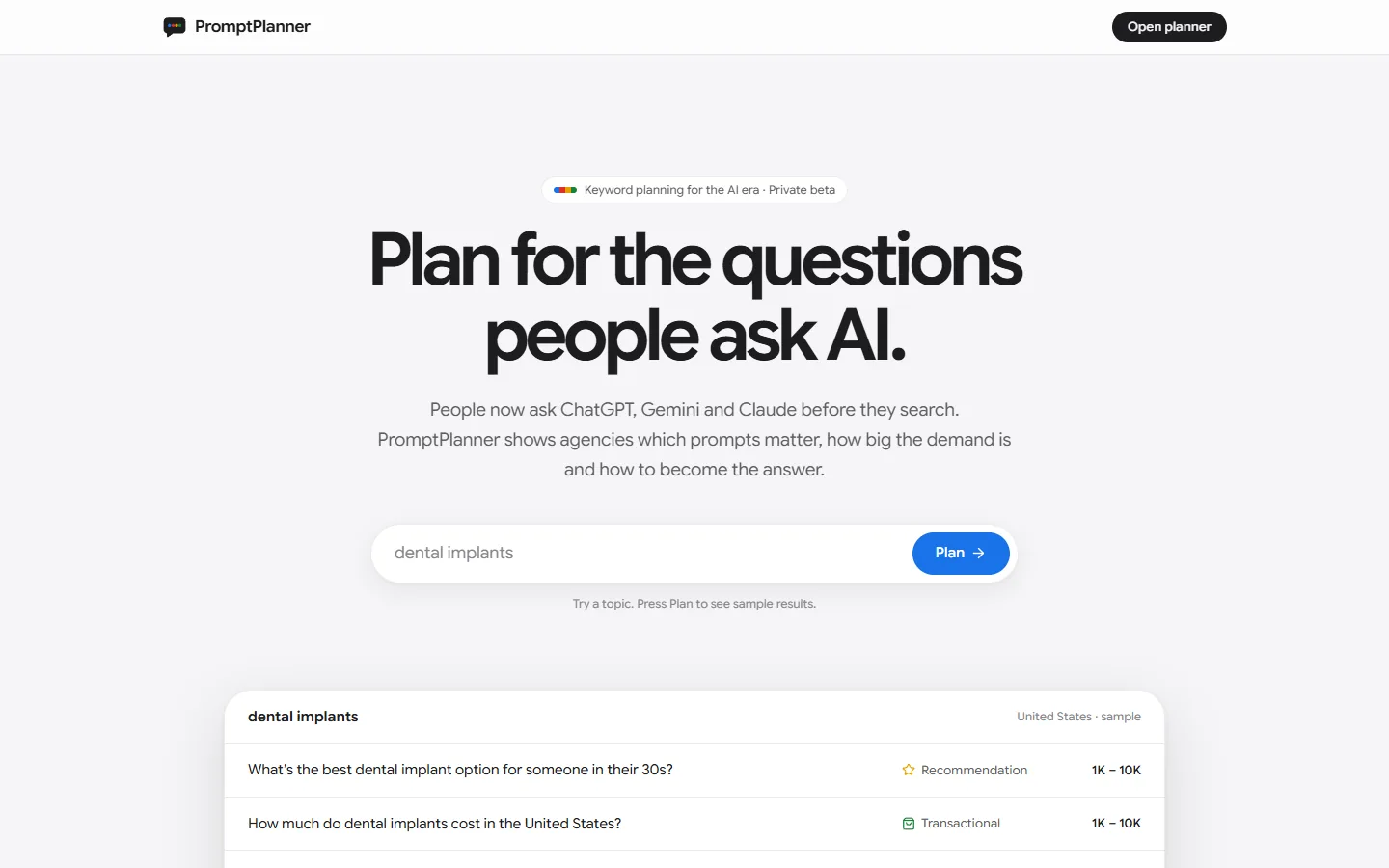 PromptPlanner landing: plan for the questions people ask AI